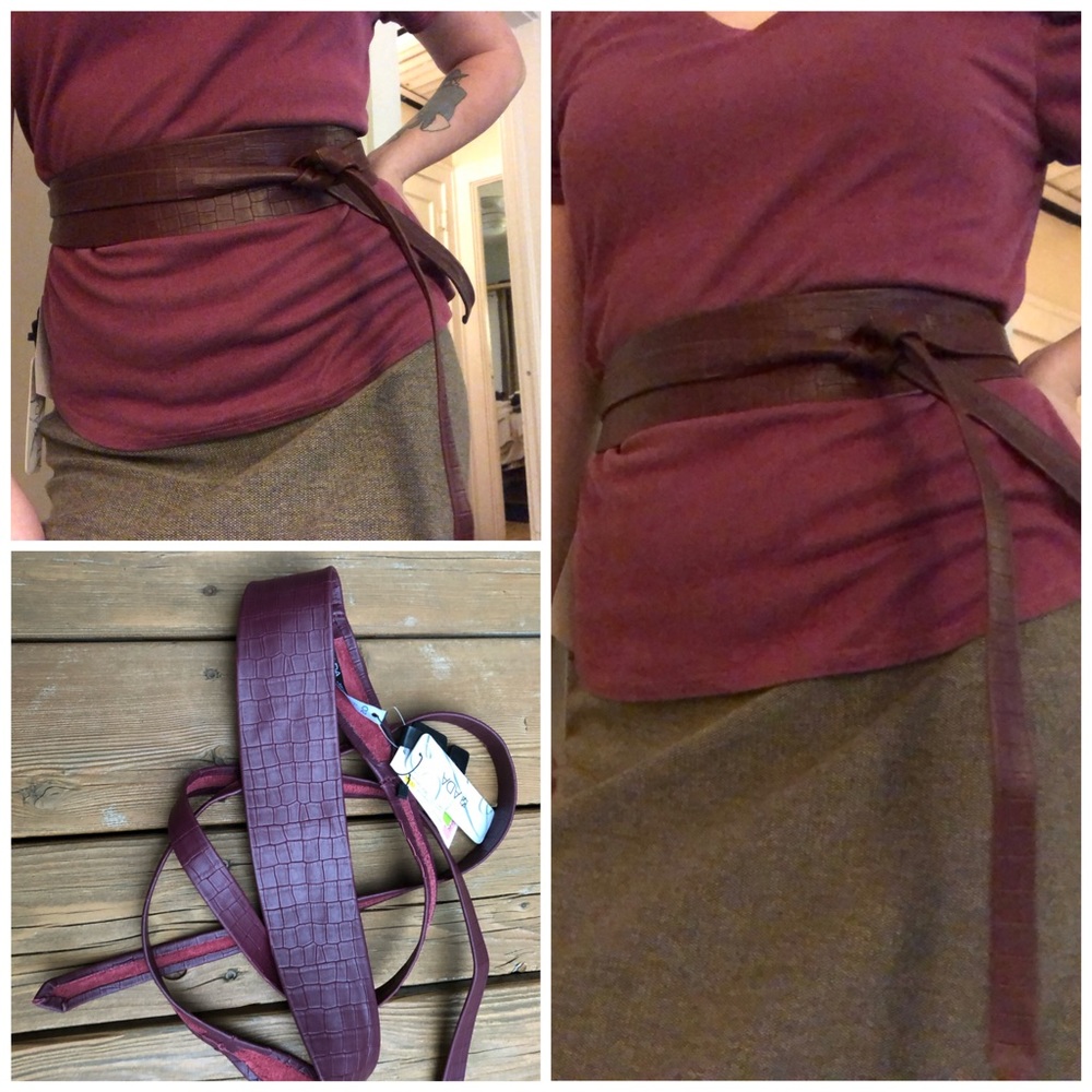 ADA Croc embossed leather wrap obi belt ANTHRO Merlot Wine Color